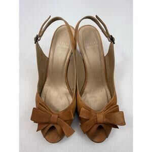 Stuart Weitzman Tan Neutral Leather Bow Slingback Peep Toe Heels Women’s Sz 7.5